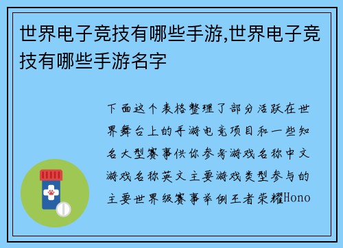 世界电子竞技有哪些手游,世界电子竞技有哪些手游名字
